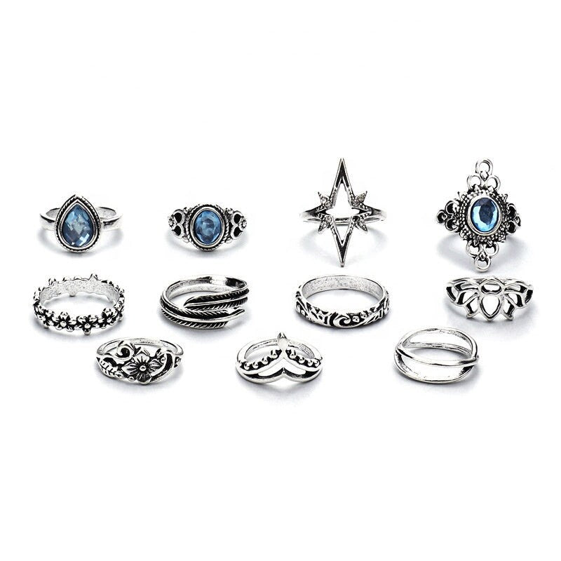 Leaf Gemstones Cross Geometric Shaped Rings Set Vintage Gemstone Geometric Flower Leaf Vintage Ring Set For Women Stackable Rings Set Multi