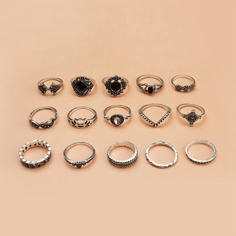 Hollow Water Drop Black Gemstone Vintage Rings Sets Paved Stones Vintage Ring Set For Women Stackable Rings Set Multi Stack Women Knuckle