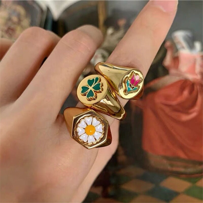 Painted Flower Knuckle Woman Ring Chrysanthemum Tulip Four-Leaf Printed Flower Female Ring Colorful Paint Rings Colored Flower Printed