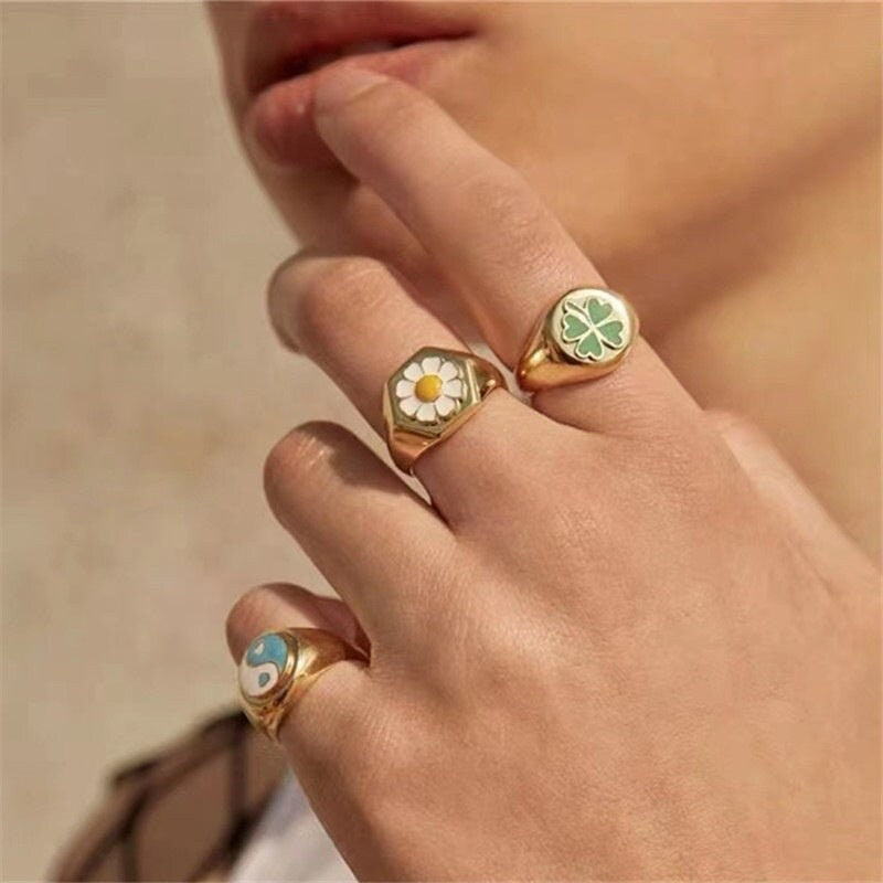 Painted Flower Knuckle Woman Ring Chrysanthemum Tulip Four-Leaf Printed Flower Female Ring Colorful Paint Rings Colored Flower Printed