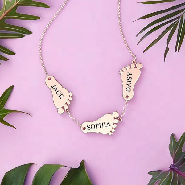 Personalized Engraved Baby Feet Name Necklace Custom Engravable Necklace Personalized Footprints Necklaces Children Names For Mom Custom
