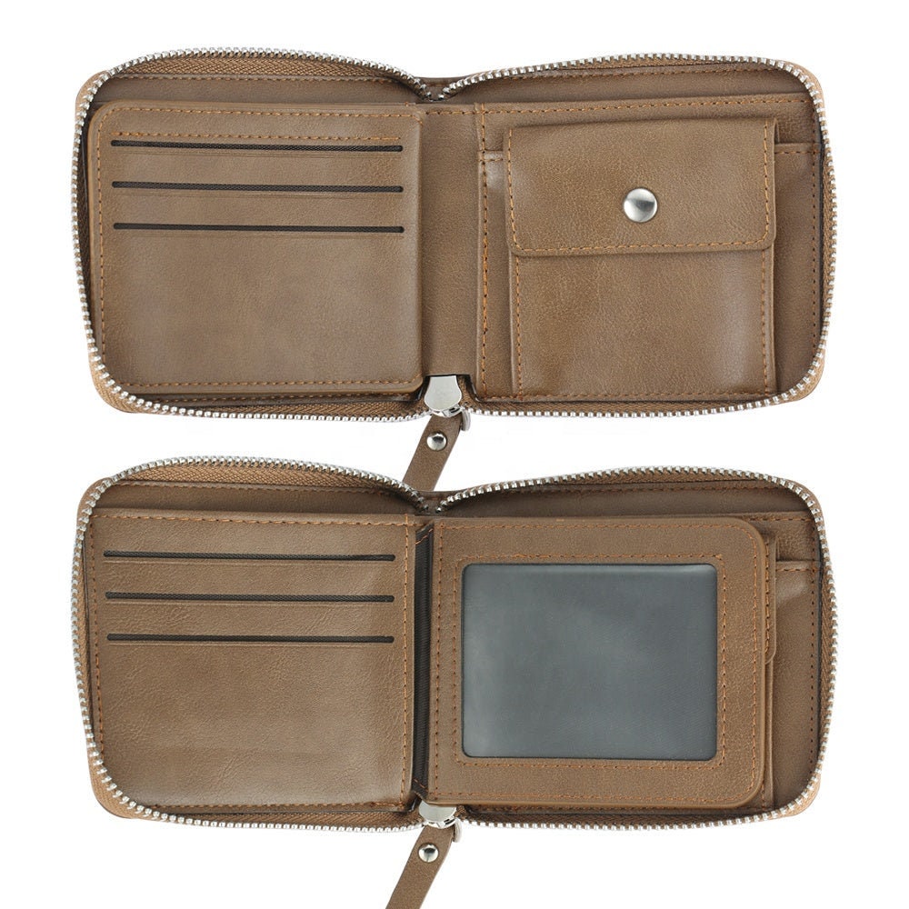 Custom Inscription Photo Engraved Blank Wallet With Zipper Short Style Brown Leather Wallet Anniversary Boyfriend Unique Gifts for dad