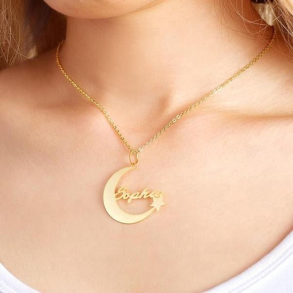 Personalized Name Engrave Crescent Moon Star Necklace Jewelry Custom Crescent Moon And Star Name Necklace Gold Plated Personalized Moon