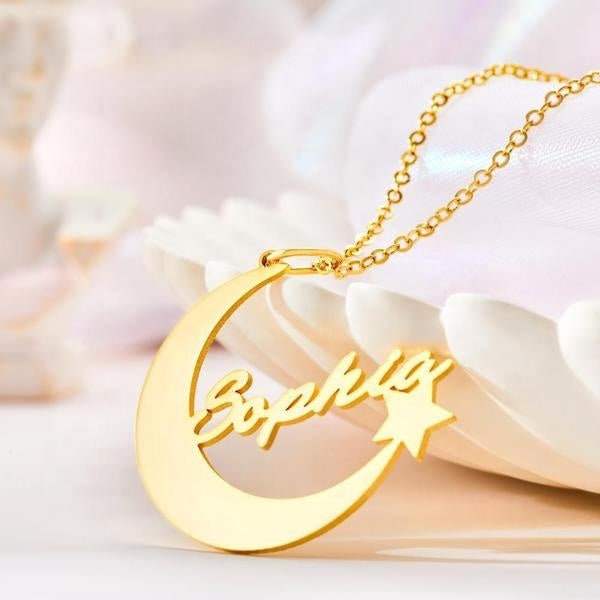 Personalized Name Engrave Crescent Moon Star Necklace Jewelry Custom Crescent Moon And Star Name Necklace Gold Plated Personalized Moon