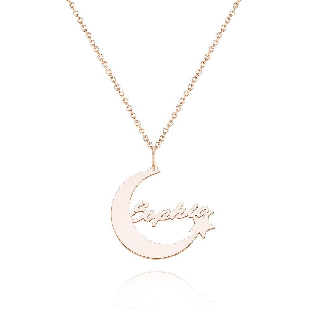 Personalized Name Engrave Crescent Moon Star Necklace Jewelry Custom Crescent Moon And Star Name Necklace Gold Plated Personalized Moon
