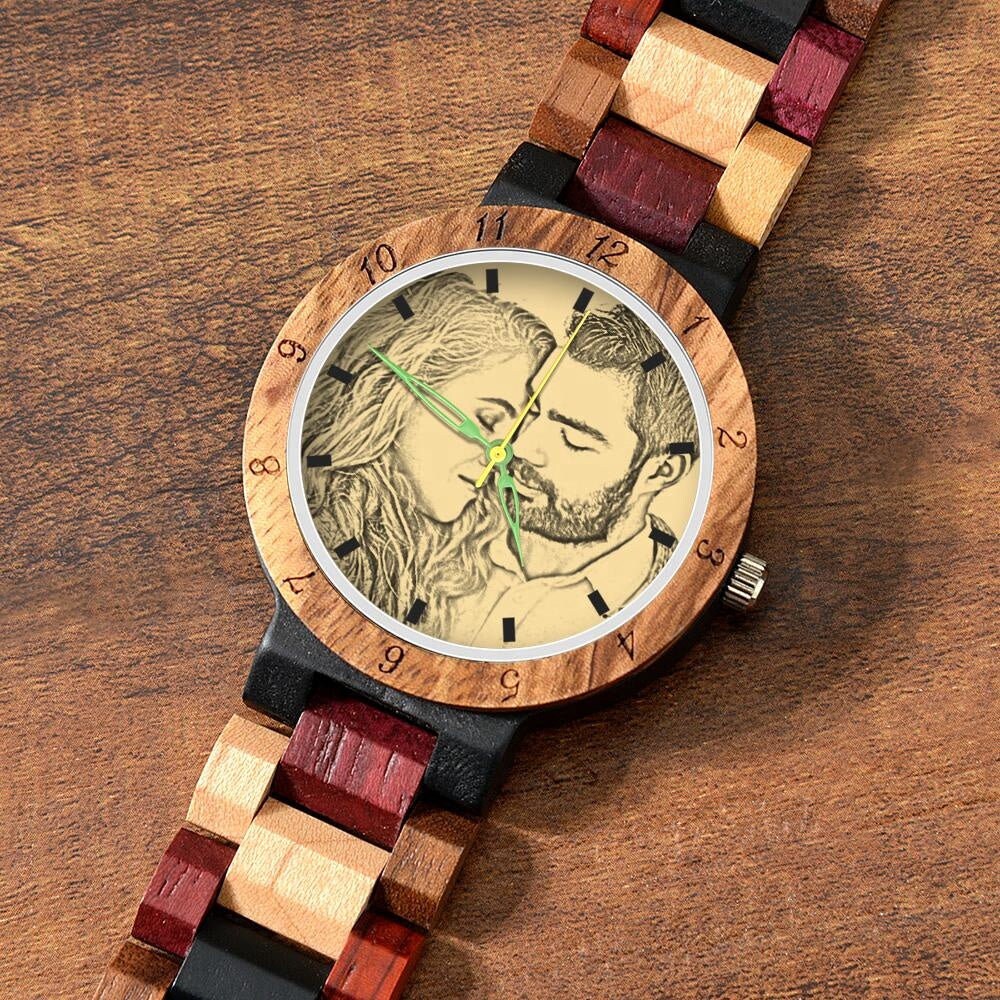 Personalized Photo Engraved Sketch Effect Men Watch Sketch Effect Custom Logo Wooden Watch Customizable Wristwatch Anniversary Wedding Gift