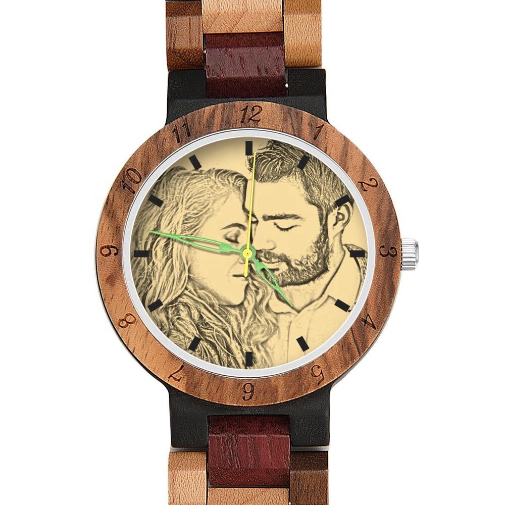 Personalized Photo Engraved Sketch Effect Men Watch Sketch Effect Custom Logo Wooden Watch Customizable Wristwatch Anniversary Wedding Gift