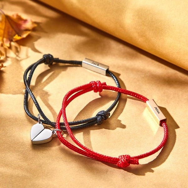 Personalized Name Engraved Couples Bracelets Pair Jewelry Custom Engraved Heart Magnetic Couple Bracelet Customized Name Engraving Bar