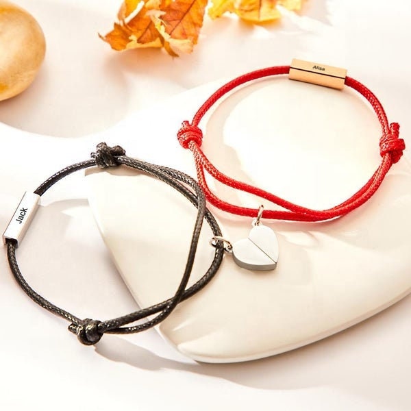 Personalized Name Engraved Couples Bracelets Pair Jewelry Custom Engraved Heart Magnetic Couple Bracelet Customized Name Engraving Bar