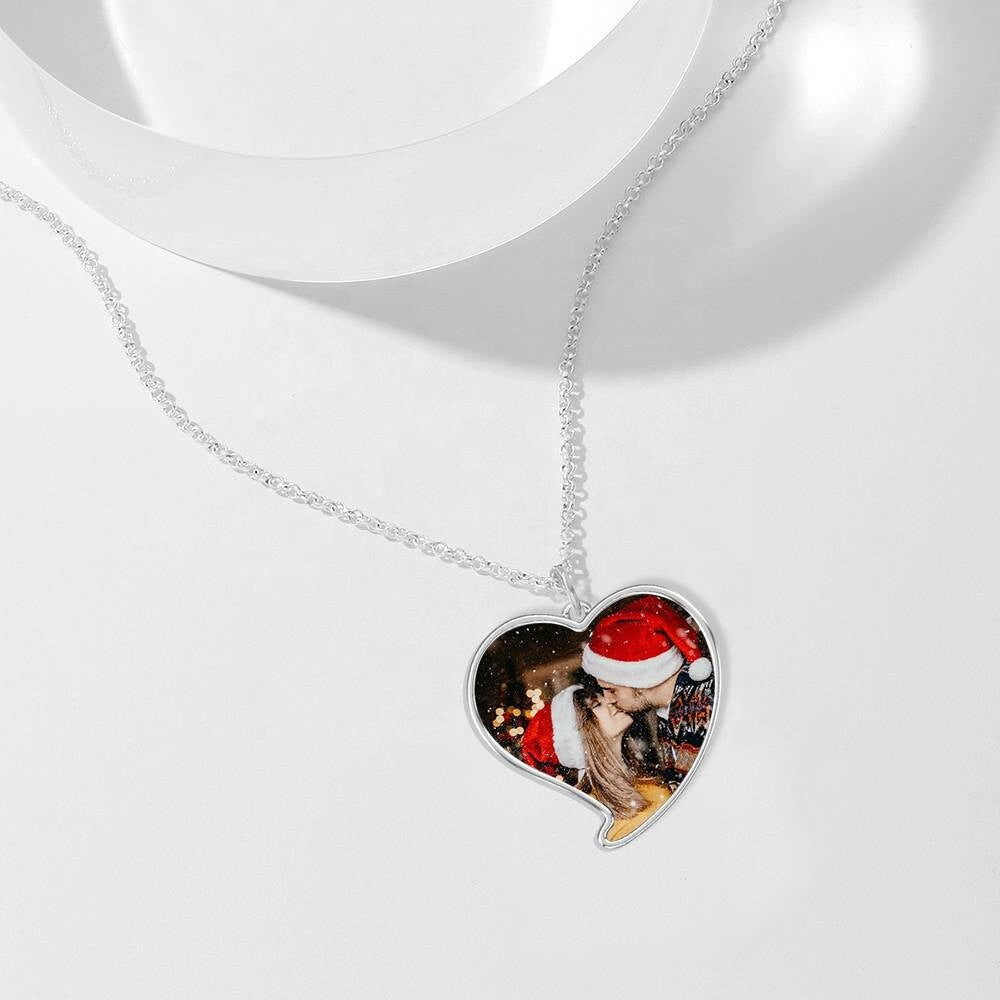 Personalized Photo Heart Necklace Customized Photo Engraved Link Chain Necklace Gift For Women Custom Text Engrave Picture Pendant