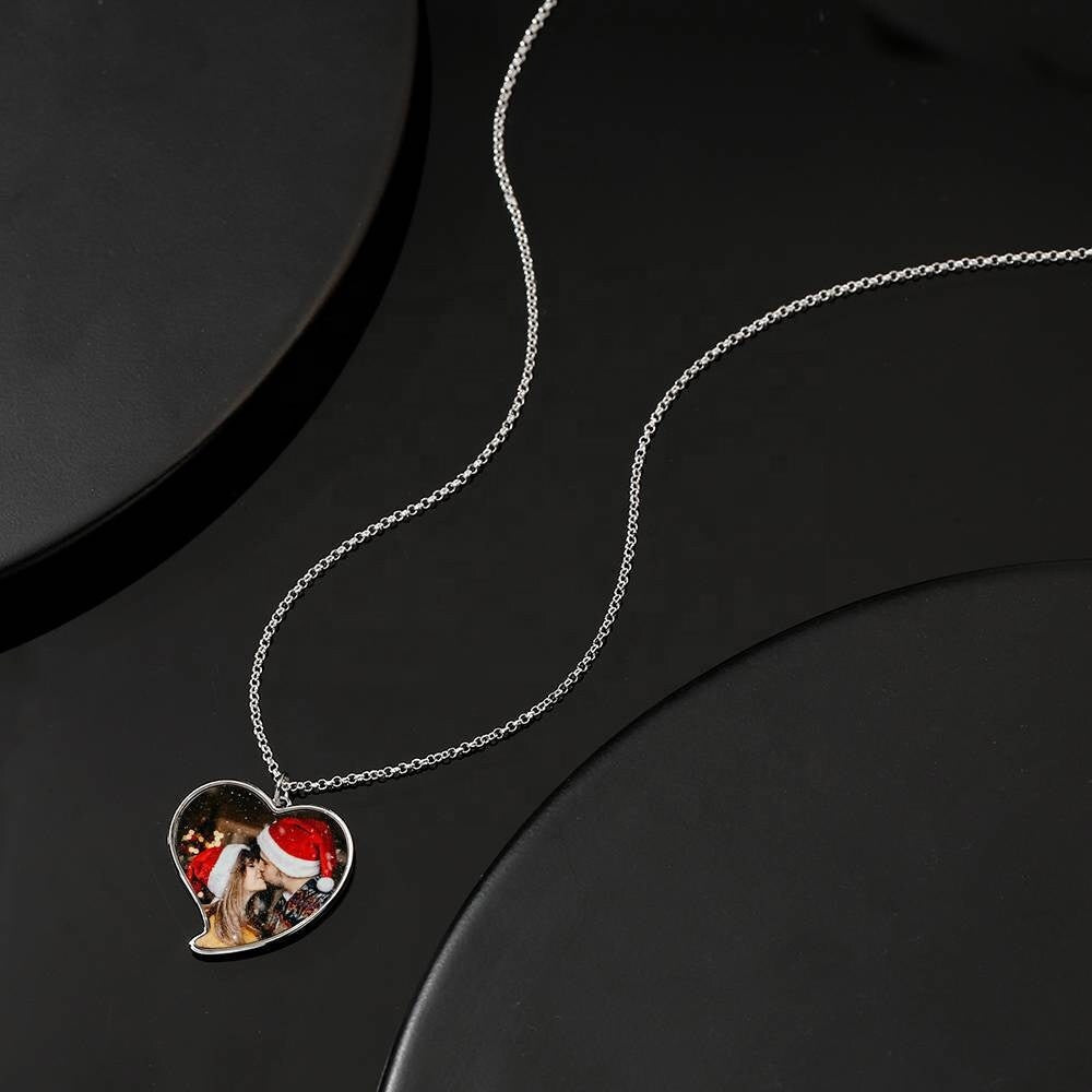 Personalized Photo Heart Necklace Customized Photo Engraved Link Chain Necklace Gift For Women Custom Text Engrave Picture Pendant
