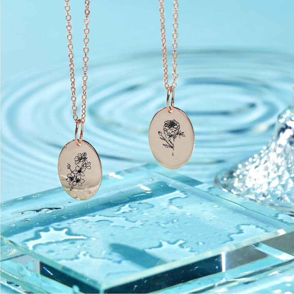 Personalized Engraved Name Birth Flower Round Link Chain Necklace Cherry Blossom March Birth Flower Necklace Dainty Birth Floral Disc