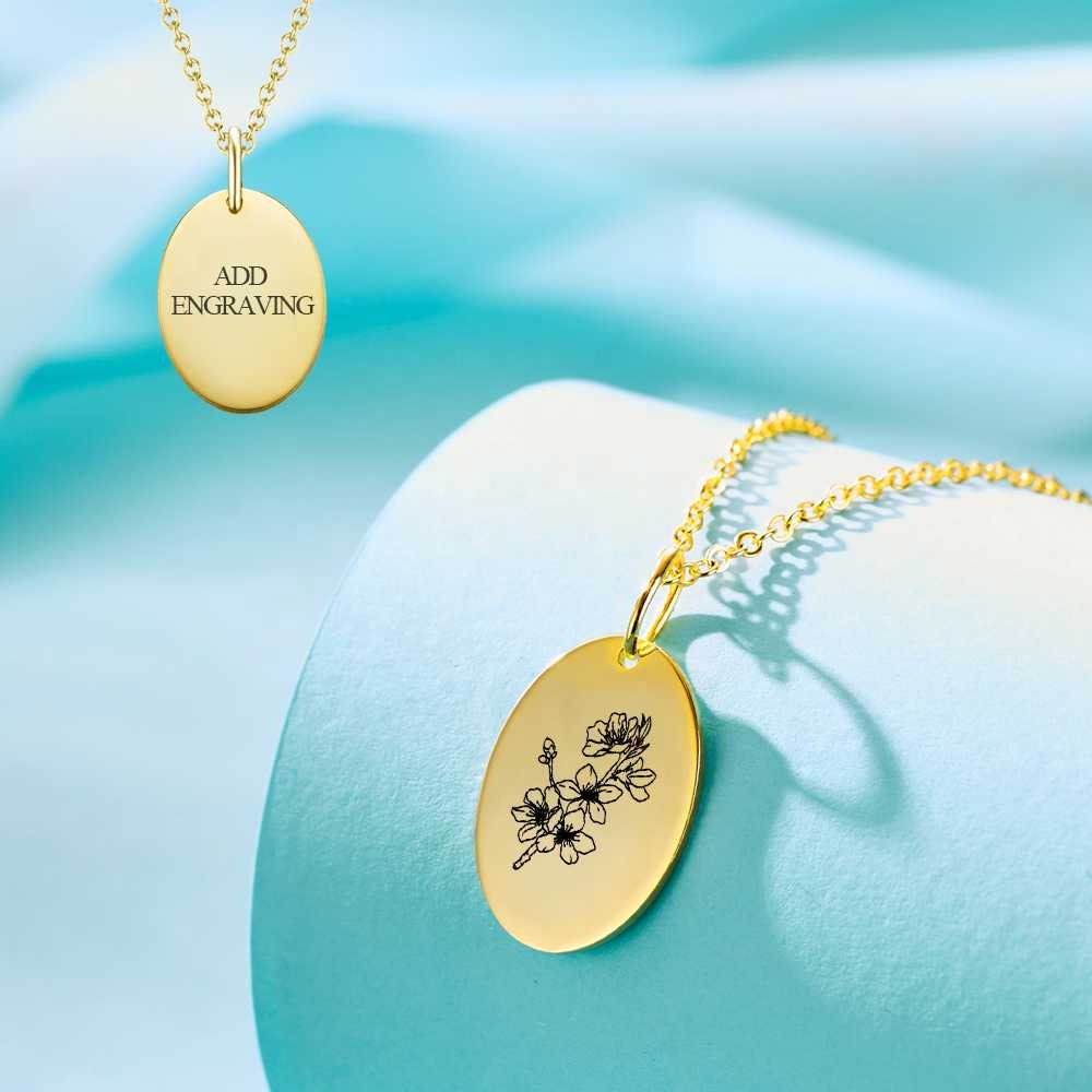 Personalized Engraved Name Birth Flower Round Link Chain Necklace Cherry Blossom March Birth Flower Necklace Dainty Birth Floral Disc