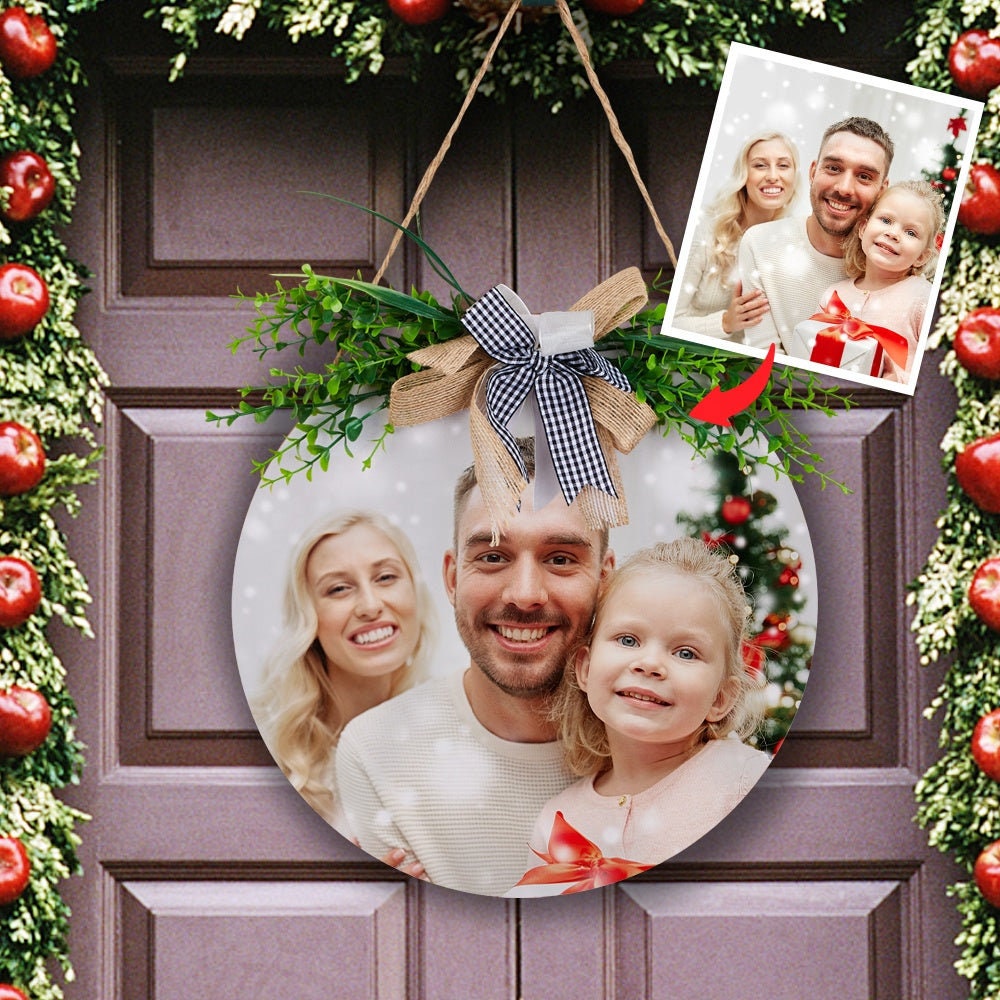 Personalized Photo Round Wooden Frame Door Hanging Hanger Sign Outdoor Christmas Decoration Customized Photo Hanging Front Door Sign Custom