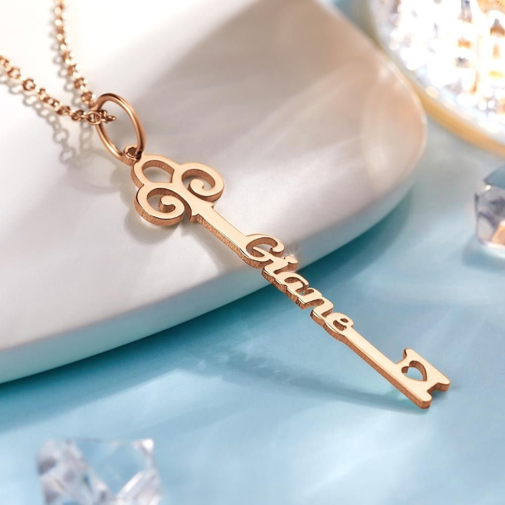 Personalized Necklace Key Font Name Letter Charm Necklaces Rose Gold Plated Pendant Key Initial Name Necklace For Women Teen Girls