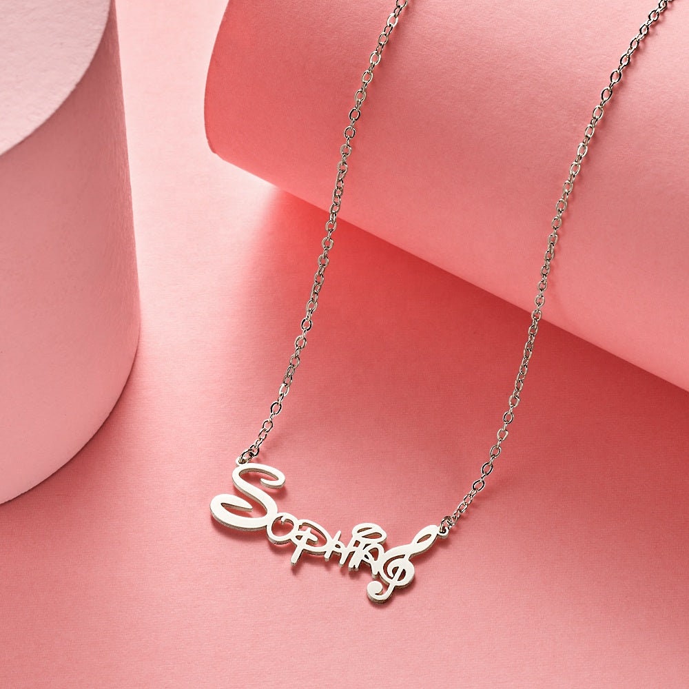 Personalized Name Plated Necklace Custom Music Note Engraved Sterling Silver Nameplate Necklace For Mom Custom Name Plate Link Chain