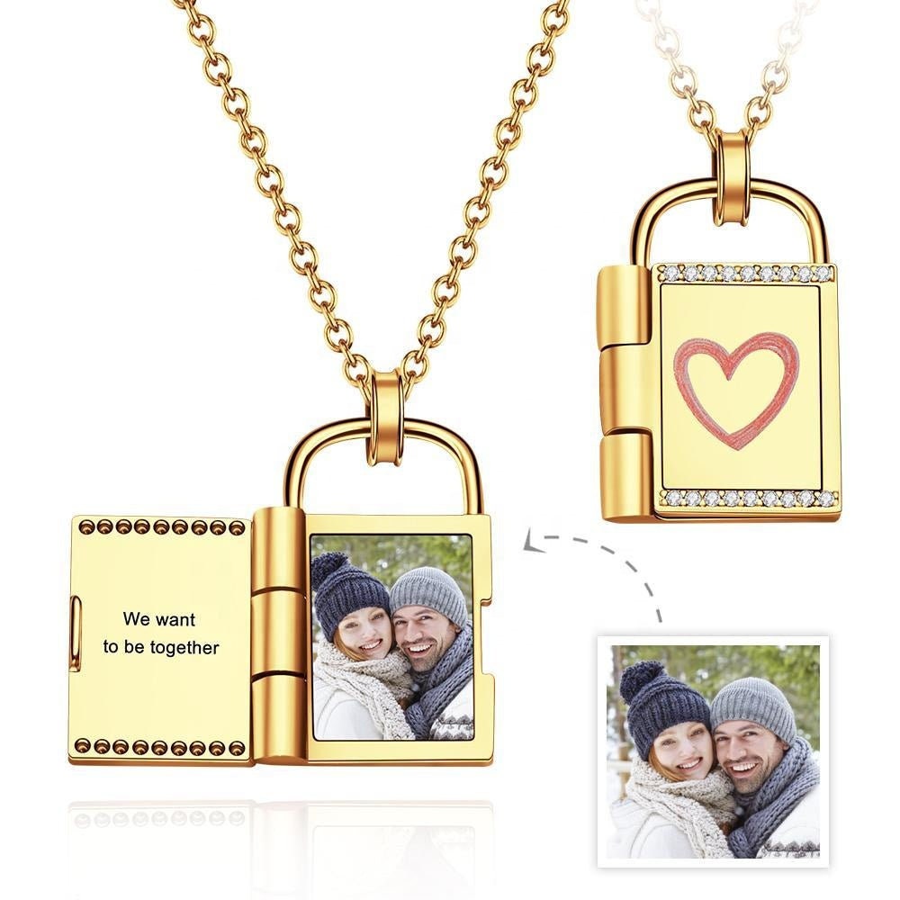 Personalized Photo Link Chain Lock Necklace Custom Engraved Print Photo Frame Padlock Picture Necklace Custom Engraved Picture Zircon Stone