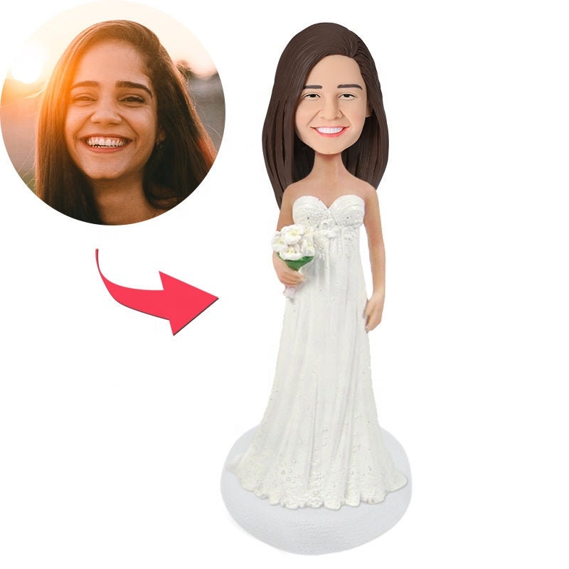Personalized Photo Wedding Dress Girl Custom Bobblehead Figurine Custom Bride Wedding Bobblehead Dolls Polymer Clay Engraved Text Figurines
