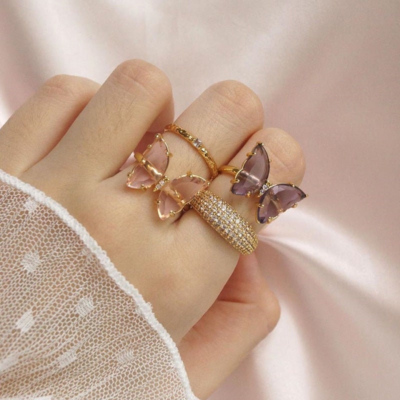 Gemstones Butterfly Adjustable Knuckle Ring Opening Resizable Ring Jewelry Women Gold Plated Copper Crystal Glass Butterfly Ring For Women