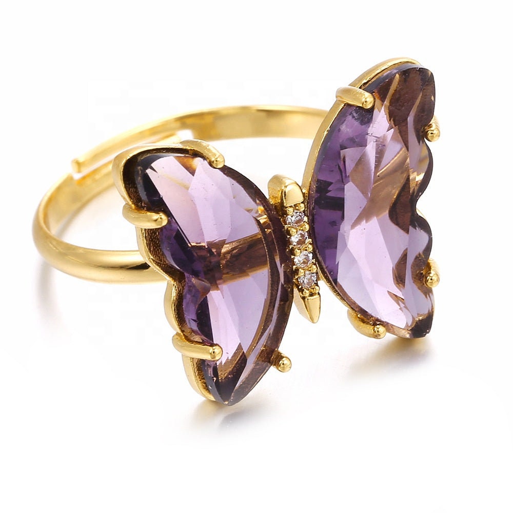 Gemstones Butterfly Adjustable Knuckle Ring Opening Resizable Ring Jewelry Women Gold Plated Copper Crystal Glass Butterfly Ring For Women