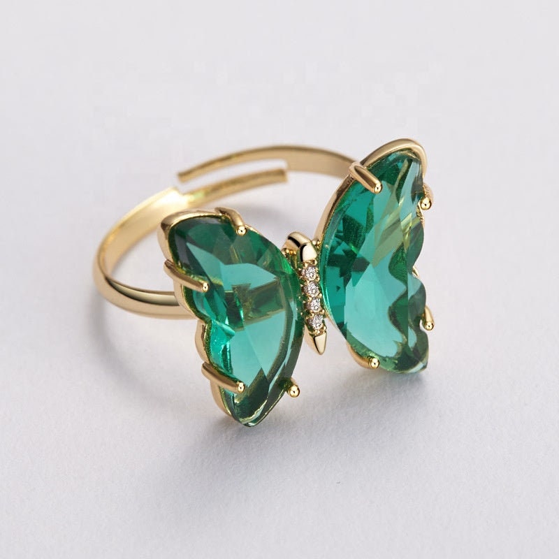 Gemstones Butterfly Adjustable Knuckle Ring Opening Resizable Ring Jewelry Women Gold Plated Copper Crystal Glass Butterfly Ring For Women