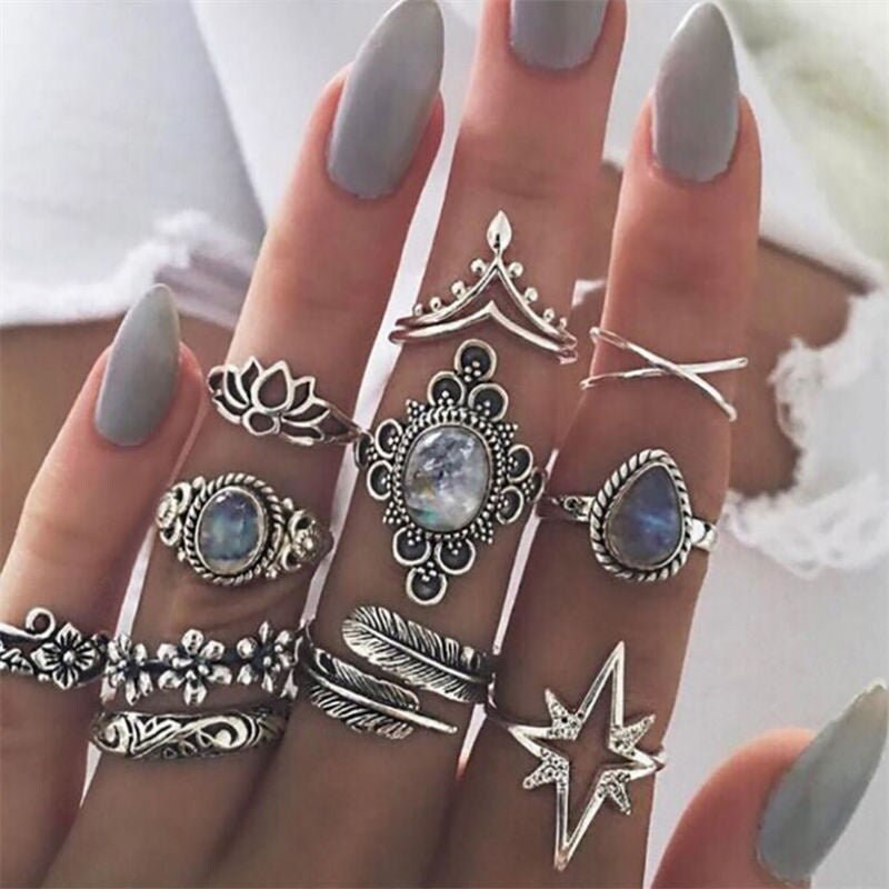 Leaf Gemstones Cross Geometric Shaped Rings Set Vintage Gemstone Geometric Flower Leaf Vintage Ring Set For Women Stackable Rings Set Multi