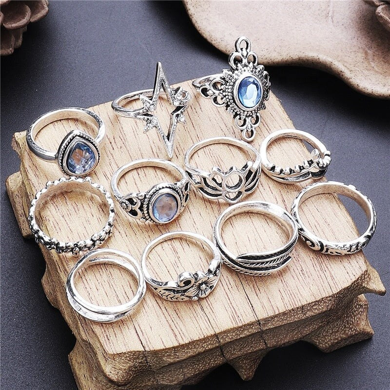 Leaf Gemstones Cross Geometric Shaped Rings Set Vintage Gemstone Geometric Flower Leaf Vintage Ring Set For Women Stackable Rings Set Multi