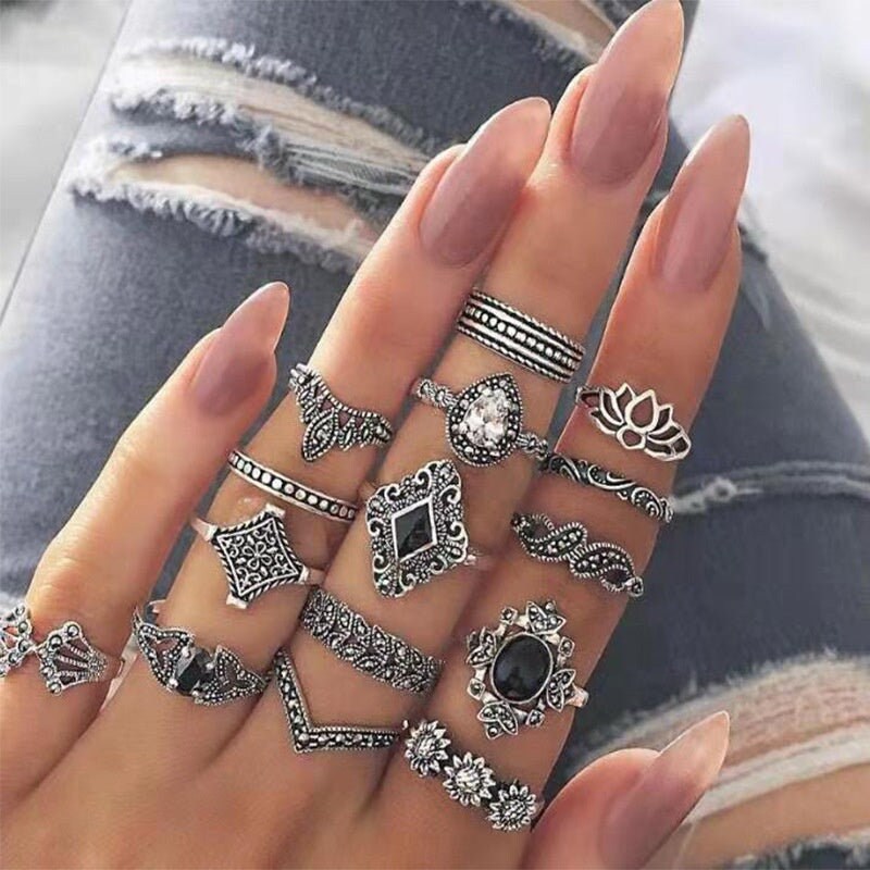 Hollow Water Drop Black Gemstone Vintage Rings Sets Paved Stones Vintage Ring Set For Women Stackable Rings Set Multi Stack Women Knuckle