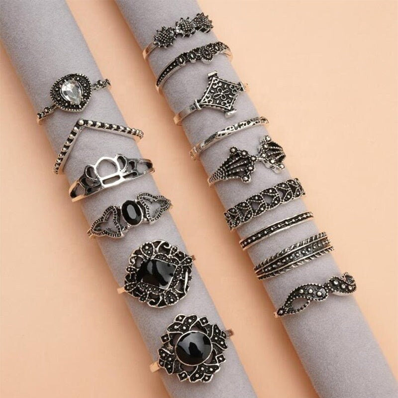 Hollow Water Drop Black Gemstone Vintage Rings Sets Paved Stones Vintage Ring Set For Women Stackable Rings Set Multi Stack Women Knuckle
