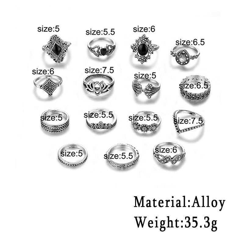 Hollow Water Drop Black Gemstone Vintage Rings Sets Paved Stones Vintage Ring Set For Women Stackable Rings Set Multi Stack Women Knuckle