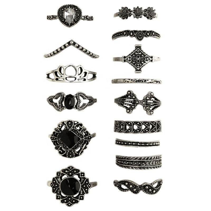 Hollow Water Drop Black Gemstone Vintage Rings Sets Paved Stones Vintage Ring Set For Women Stackable Rings Set Multi Stack Women Knuckle
