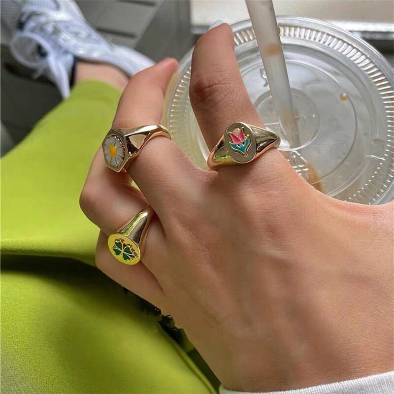 Painted Flower Knuckle Woman Ring Chrysanthemum Tulip Four-Leaf Printed Flower Female Ring Colorful Paint Rings Colored Flower Printed