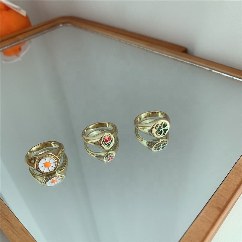Painted Flower Knuckle Woman Ring Chrysanthemum Tulip Four-Leaf Printed Flower Female Ring Colorful Paint Rings Colored Flower Printed