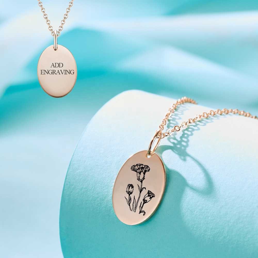 Personalized Birth Flower Medallion Necklace Double Sided Engraved Birth Month Flower Necklace Customized Birth Flower Engraved Necklace