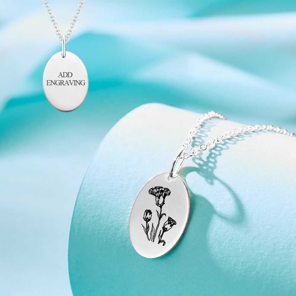 Personalized Birth Flower Medallion Necklace Double Sided Engraved Birth Month Flower Necklace Customized Birth Flower Engraved Necklace
