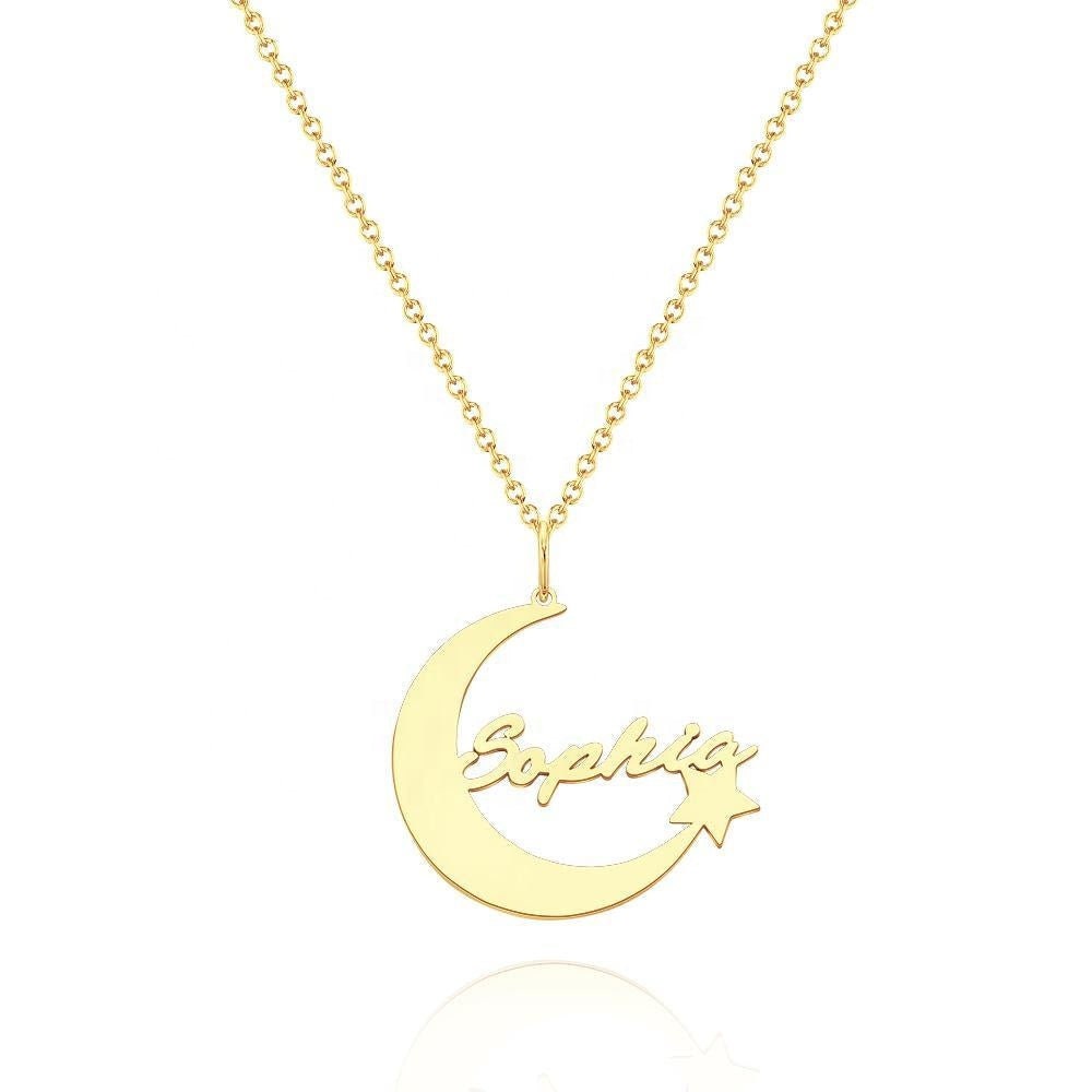 Personalized Name Engrave Crescent Moon Star Necklace Jewelry Custom Crescent Moon And Star Name Necklace Gold Plated Personalized Moon