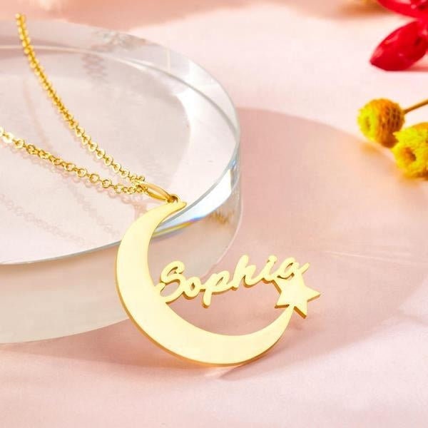 Personalized Name Engrave Crescent Moon Star Necklace Jewelry Custom Crescent Moon And Star Name Necklace Gold Plated Personalized Moon