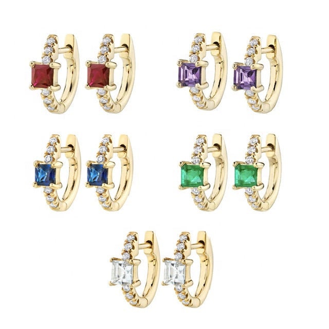 Square Zircon Stone Round Earrings Silver Needle Earrings 14K Gold Plated Hoop Earring Square Zircon Stones Hoops Earrings