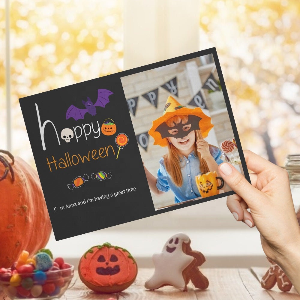 Personalized Photo Printed Text Engraved Halloween Card Custom Photo Text Greeting Card Double Sided Halloween Card