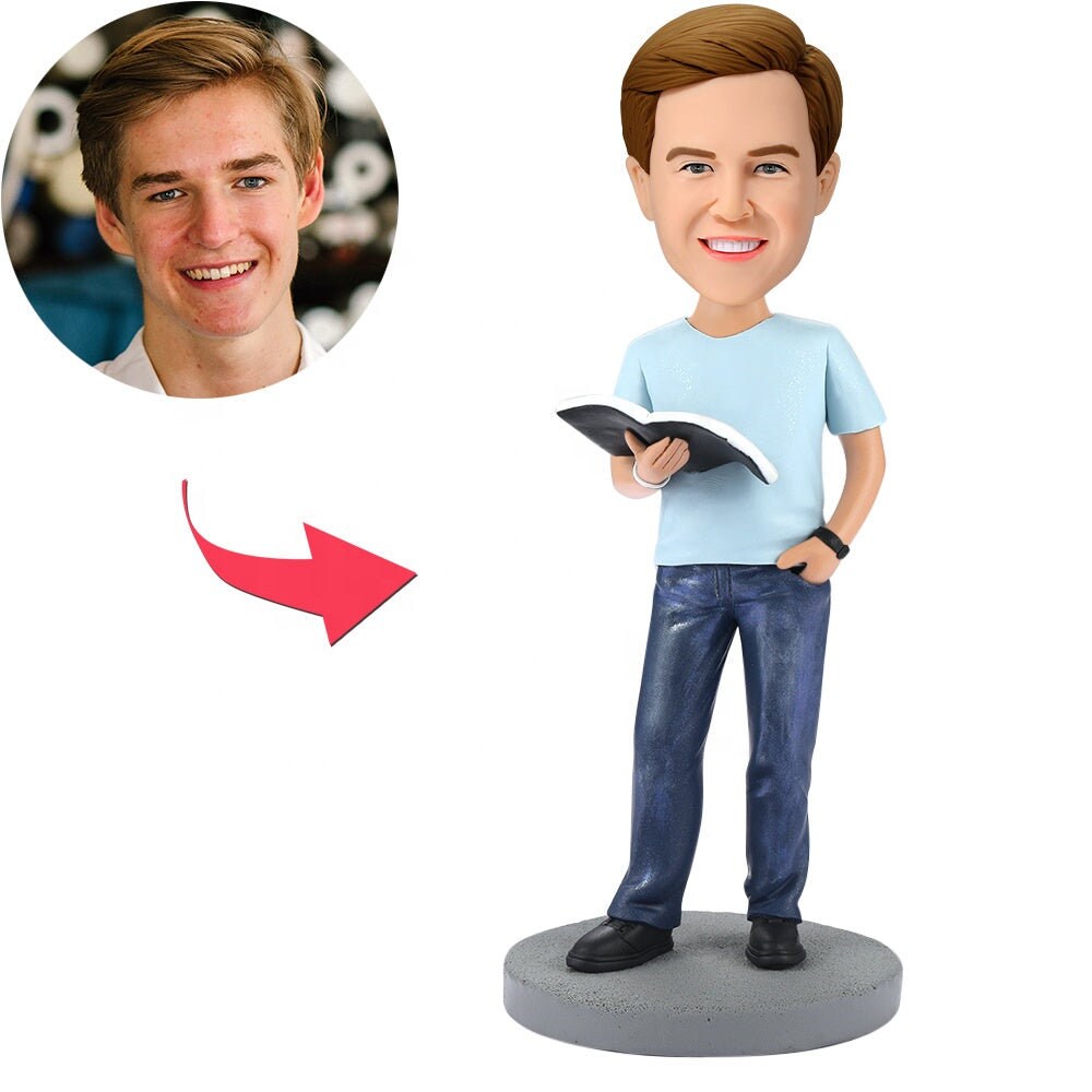 Personalized Photo Reading Book Man Custom Clay Bobblehead Figures Polymer Clay Doll Custom Bobbleheads Gift For Him Fully Doll Clay