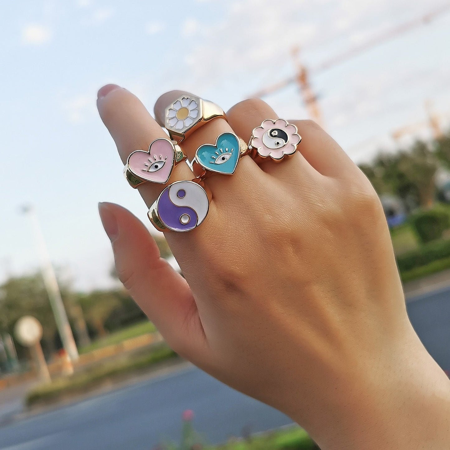 Multi Colored Round Heart Shaped Open Rings Gift For Women Colored Oil Drip Heart Star Knuckle Rings Multiple Colors Split Finger Ring
