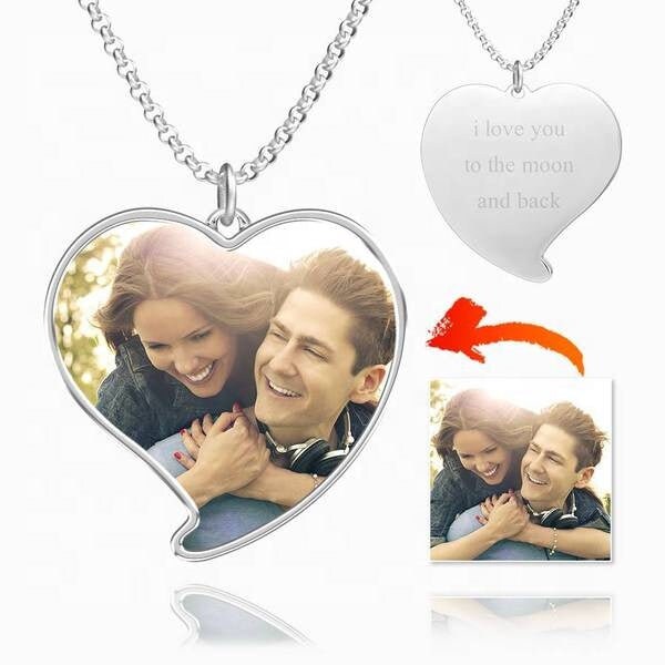 Personalized Photo Heart Necklace Customized Photo Engraved Link Chain Necklace Gift For Women Custom Text Engrave Picture Pendant