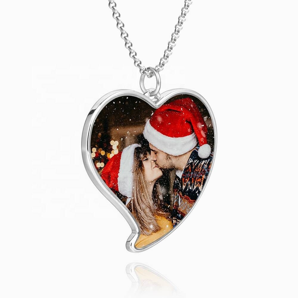 Personalized Photo Heart Necklace Customized Photo Engraved Link Chain Necklace Gift For Women Custom Text Engrave Picture Pendant