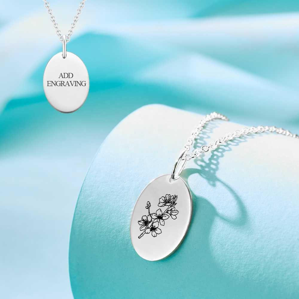 Personalized Engraved Name Birth Flower Round Link Chain Necklace Cherry Blossom March Birth Flower Necklace Dainty Birth Floral Disc
