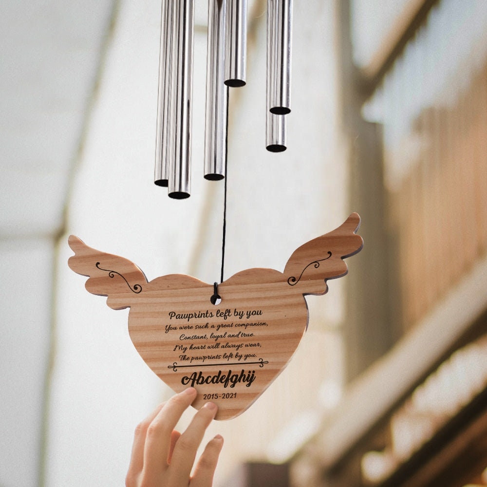 Personalized Text Engraved Heart Wind Chimes Outdoor Decor Wooden Message Engraved Wind Chimes Garden Ornaments Custom Engraving Wind Chimes