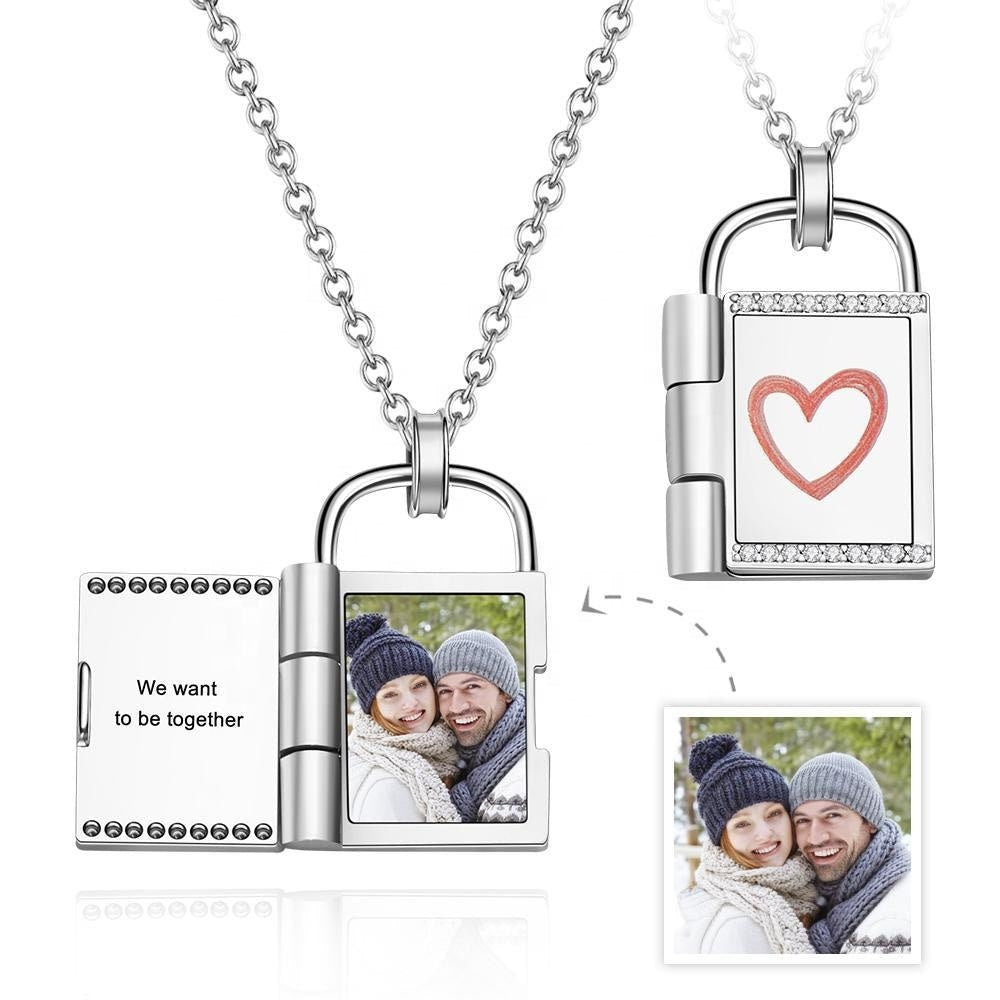 Personalized Photo Link Chain Lock Necklace Custom Engraved Print Photo Frame Padlock Picture Necklace Custom Engraved Picture Zircon Stone
