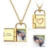 Personalized Photo Link Chain Lock Necklace Custom Engraved Print Photo Frame Padlock Picture Necklace Custom Engraved Picture Zircon Stone