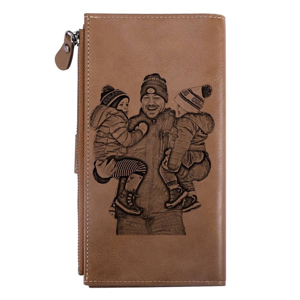 Personalized Picture Printed Wallet Gift For Men Custom Photo Text Engraved Leather Men Wallet Customized Photo Zipper Leather Wallet