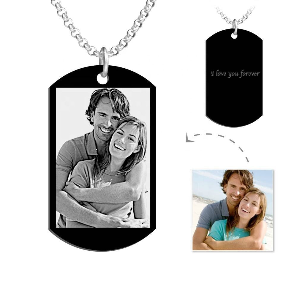 Custom Picture Engraved Words Necklace Personalized Photo Text Engraved Necklace Black Stainless Steel Link Chain Necklace Gift