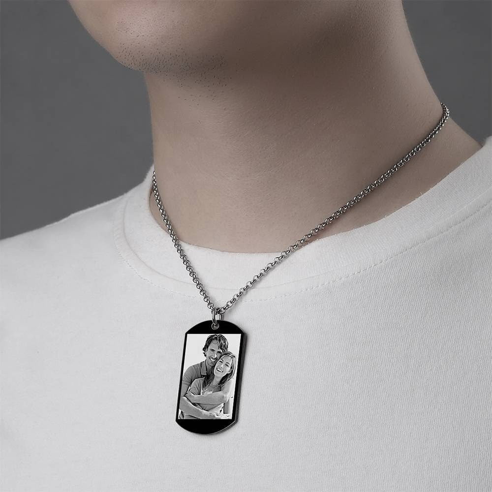 Custom Picture Engraved Words Necklace Personalized Photo Text Engraved Necklace Black Stainless Steel Link Chain Necklace Gift
